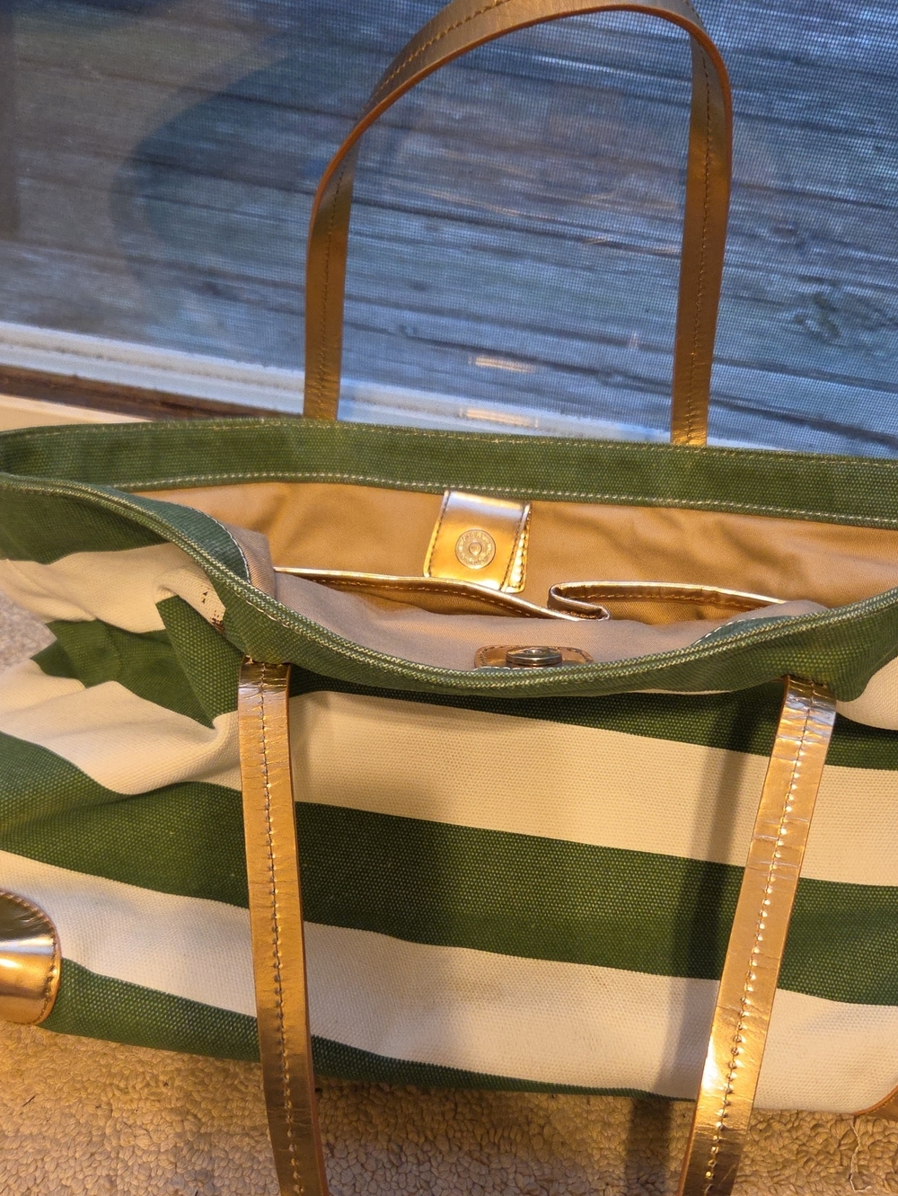 Banana Republic Green and Cream Striped Tote with Gold-Tone Handles